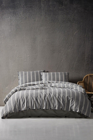 Luke Bold 100% Cotton Double Washed Yarn Dyed Striped Duvet Cover Set Anthracite - Swordslife