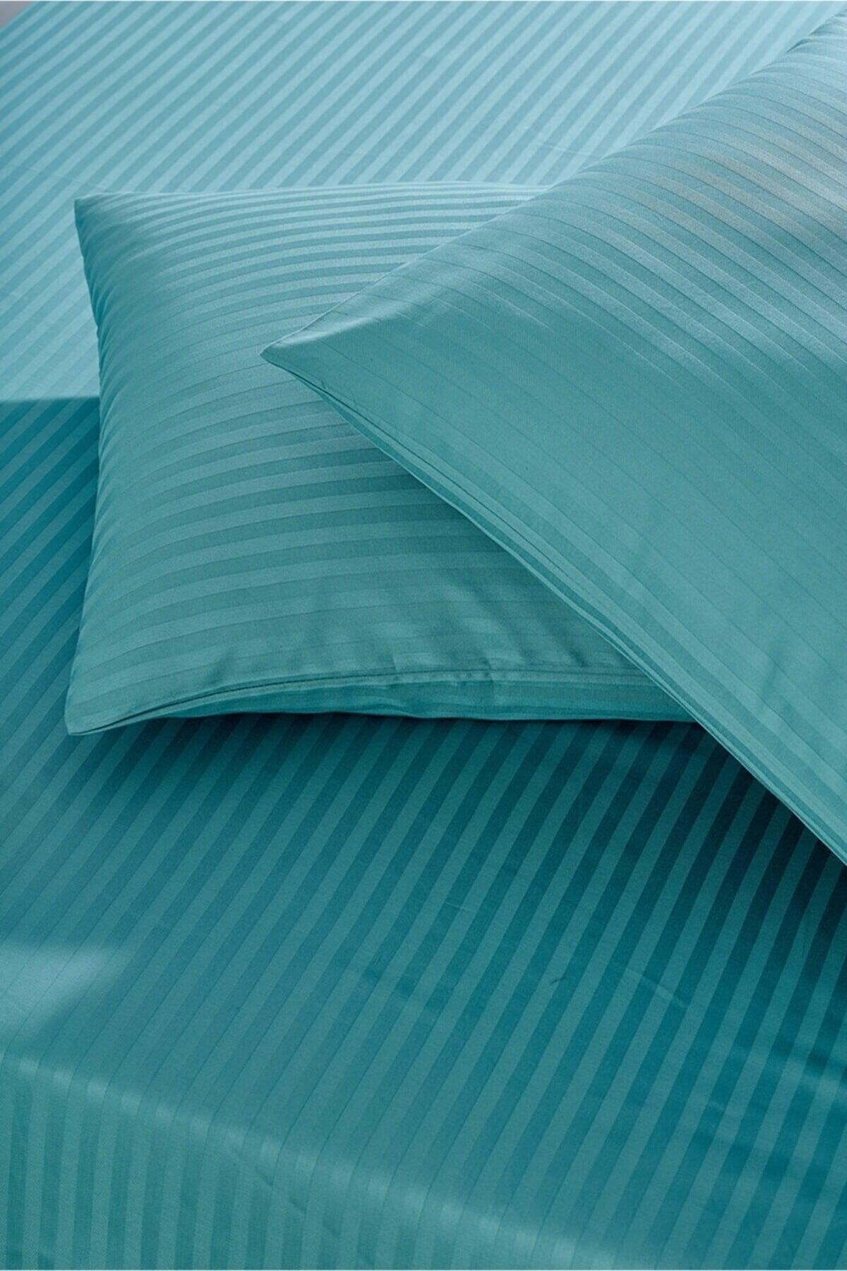 Luxury Hotel Type Double Elastic Bed Linen Duvet Cover Set Striped Cotton Satin Turquoise Color 160x200 - Swordslife