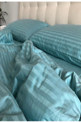 Luxury Hotel Type Double Elastic Bed Linen Duvet Cover Set Striped Cotton Satin Turquoise Color 160x200 - Swordslife