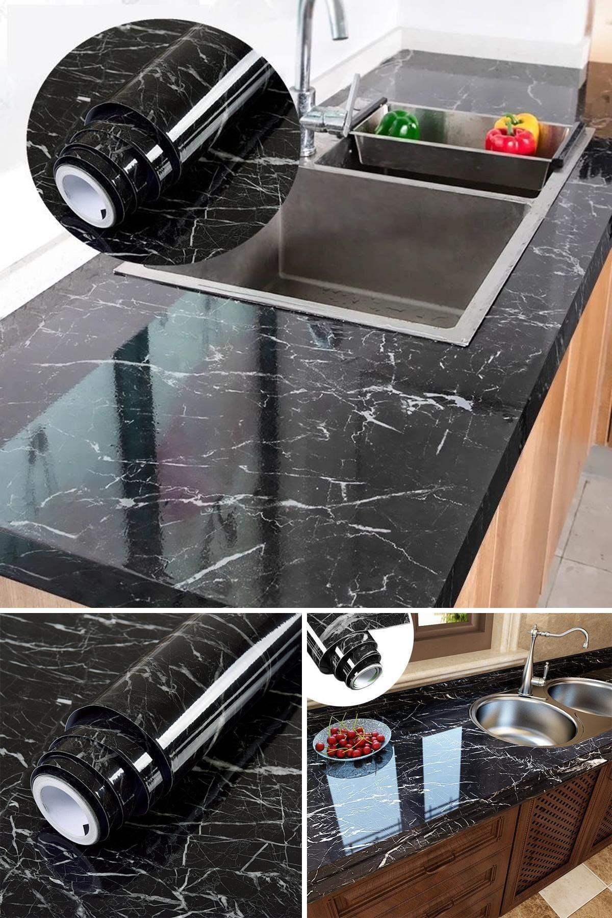 Marble Pattern Veneer Kitchen Bathroom Cabinet Counter Top Foil Black 60 X 100 - Swordslife