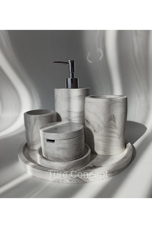 Marble Patterned Matte Liquid Soap Dispenser & Tray &