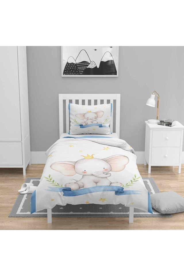 Blue Elephants Bow Boy Patterned Child Single Duvet Cover Set - Swordslife