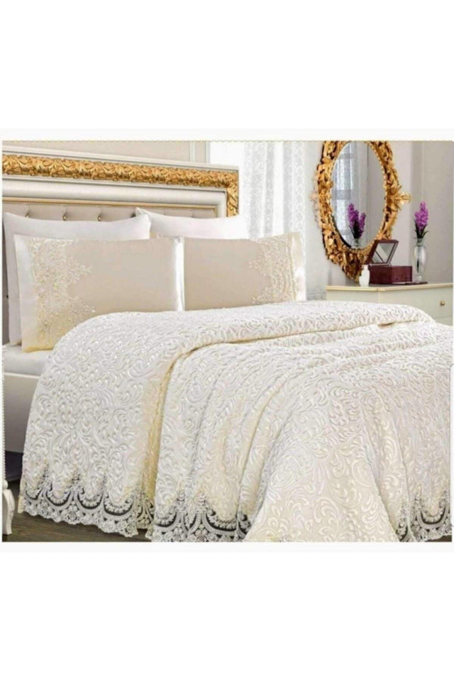 Blue French Guipure Blanket Cover Set Cream - Swordslife