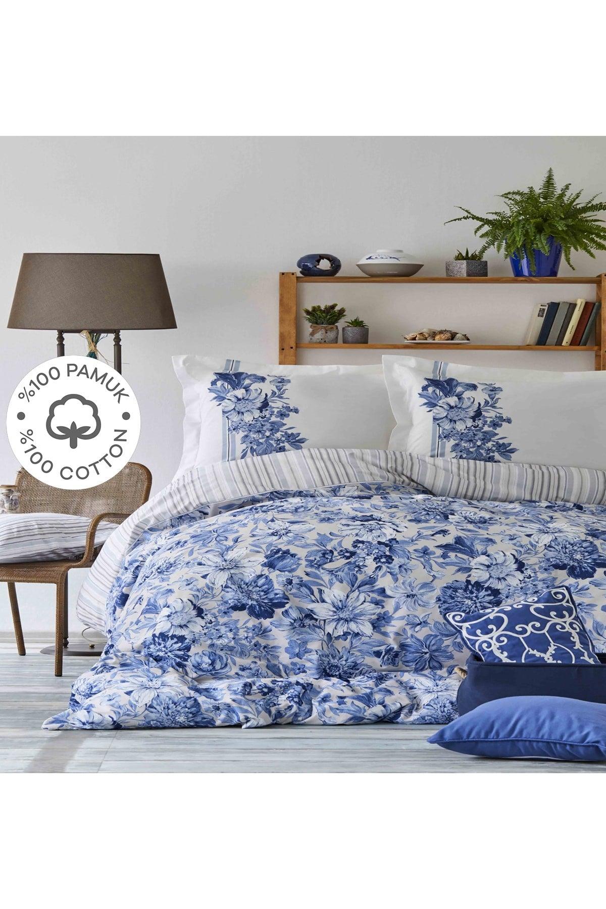 Melanie Blue 100% Cotton Double Duvet Cover & Pillow Set - Swordslife