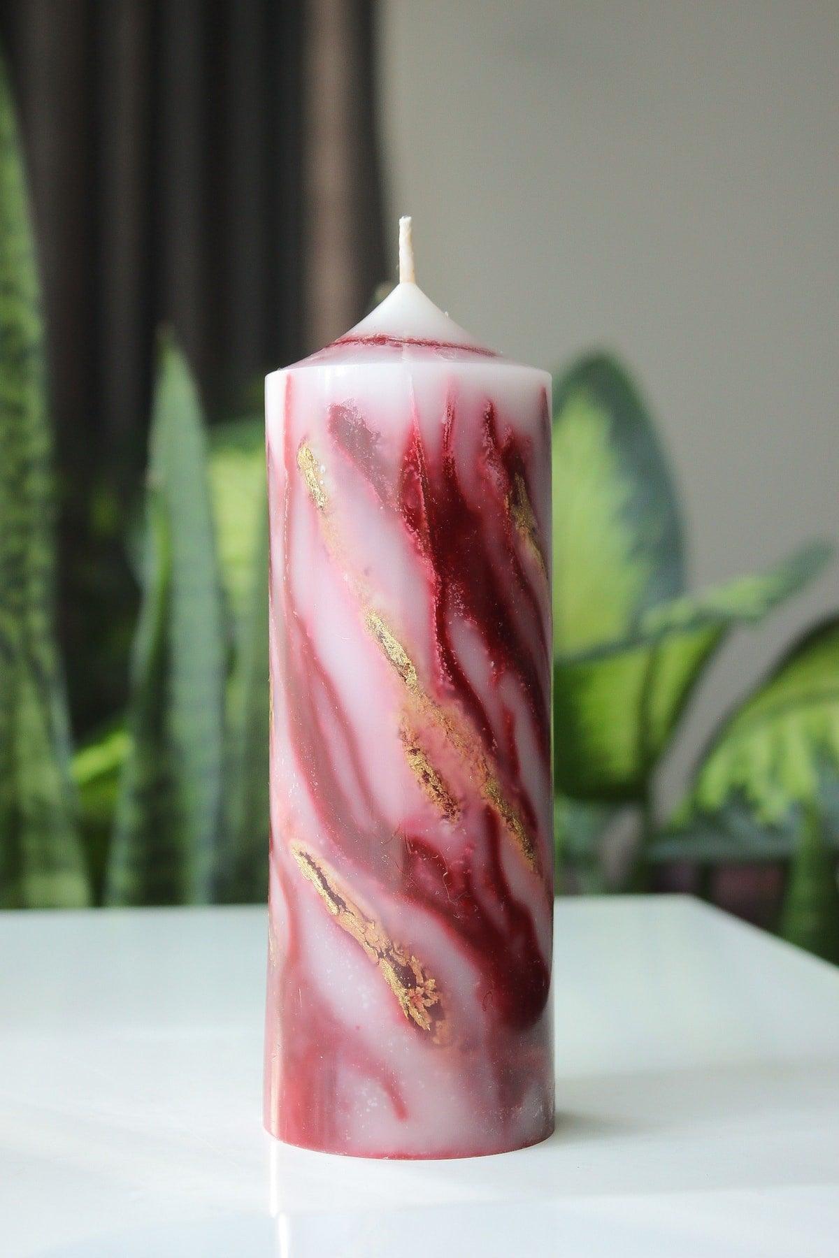 Marble Textured Pillar Candle, Gold Detailed, Special Design (MARBLE) (MAROON) - Swordslife