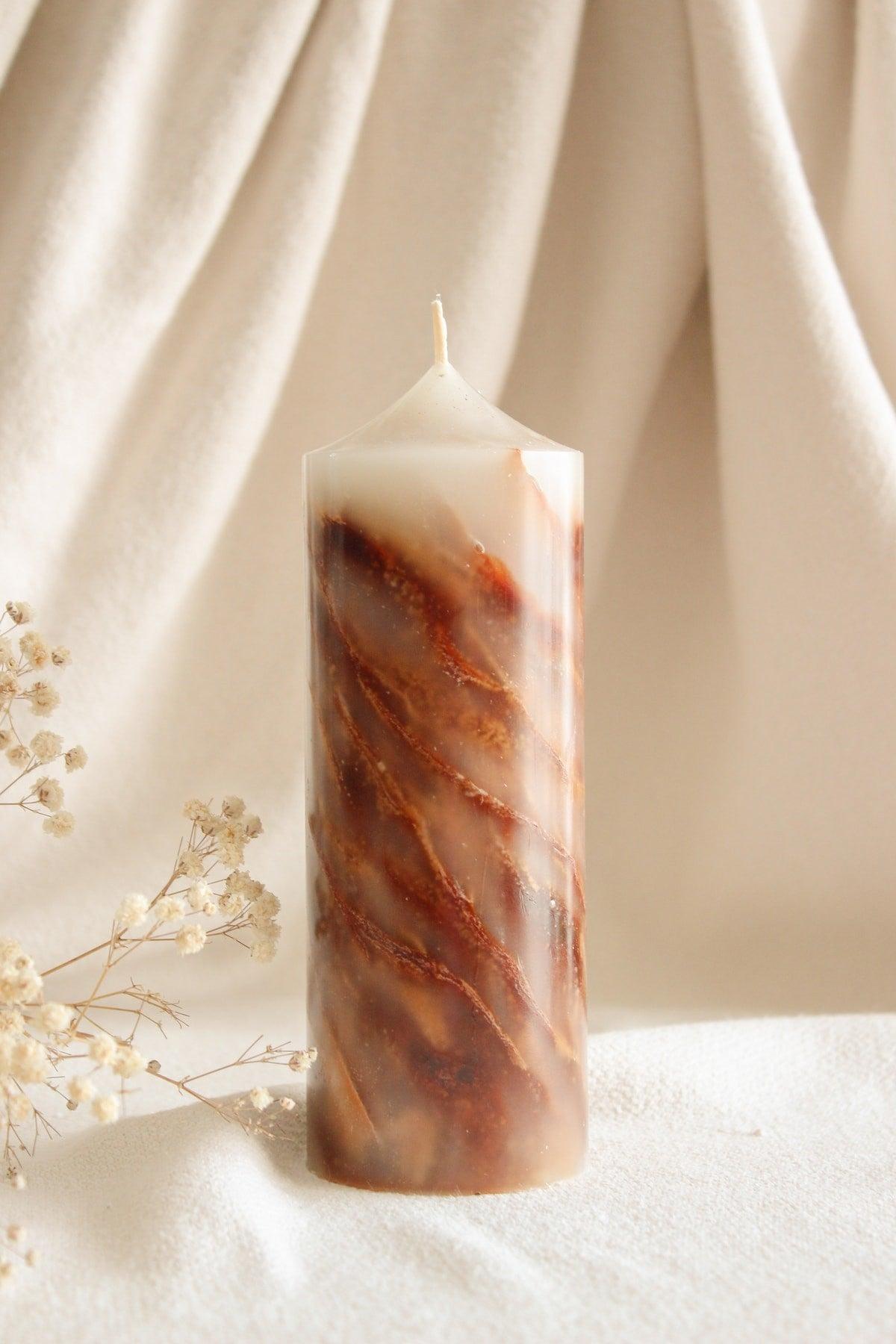 Marble Textured Pillar Candle, Gold Detail, Special Design (MARBLE) (BROWN) - Swordslife