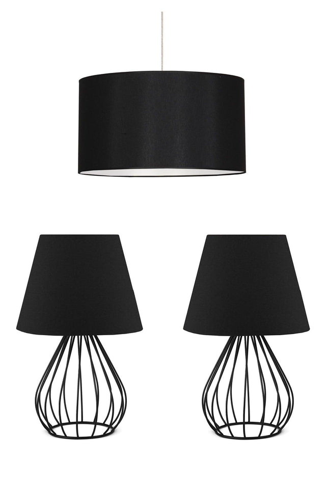 Metal Body Double Lampshade And Pendant Lamp Chandelier Set Black Fabric Bedroom Set - Swordslife