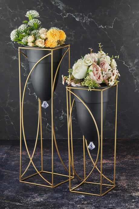 Metal Black Decorative Footed Flower Pot,2 Pcs Gold Footed Flowerpot,decorative Flowerpot,vase - Swordslife