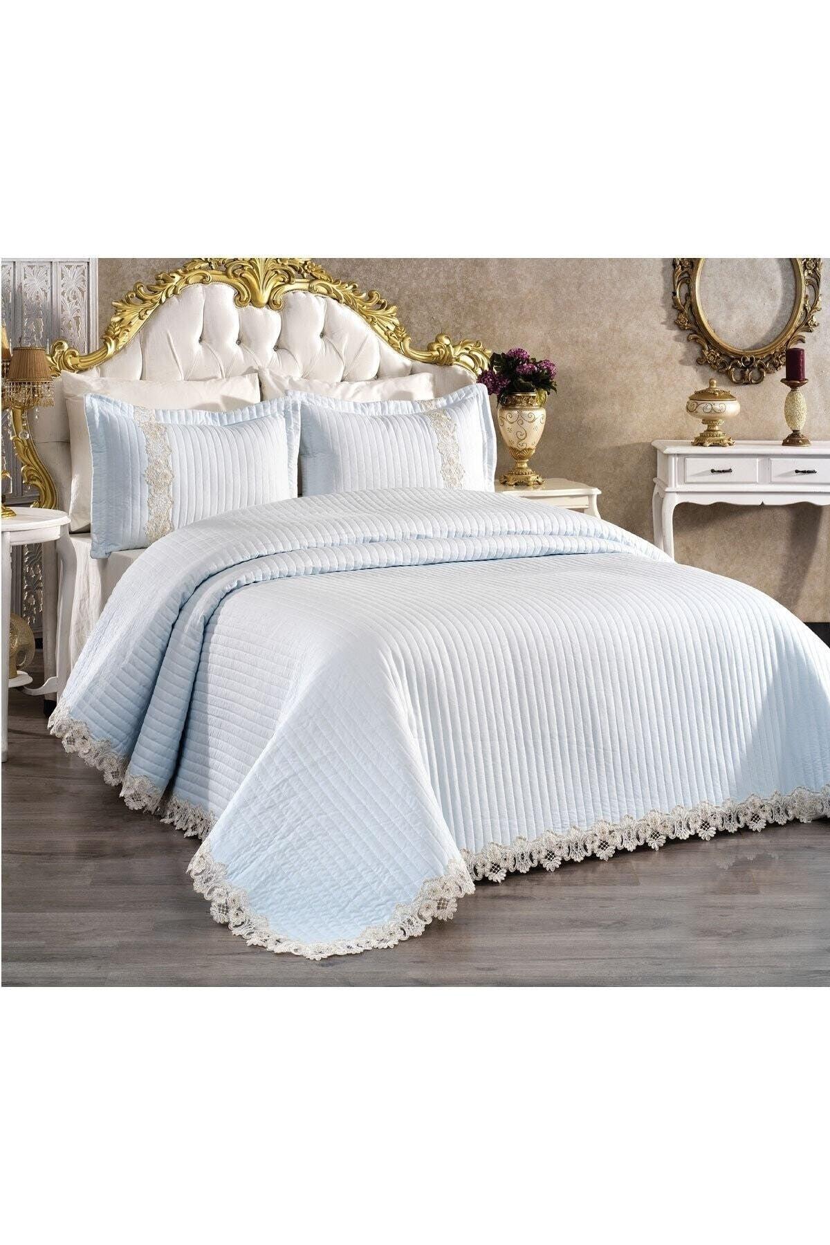 Mihrimah Lace Double 100% Cotton Bedspread ( Pique ) Set Blue - Swordslife