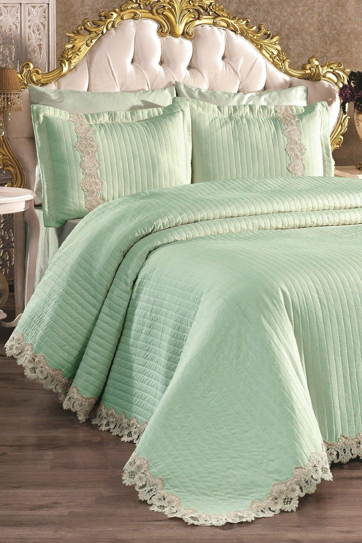 Mihrimah Lace Double 100% Cotton Bedspread ( Pique ) Set Green - Swordslife