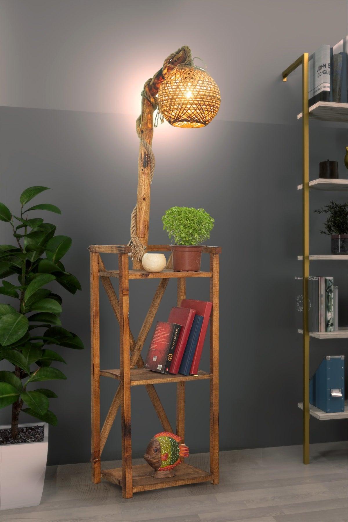 Modern Natural Wood Design Floor Lamp with Bookshelf 150cm - Swordslife