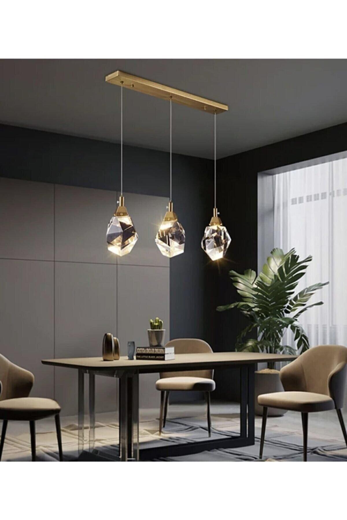 Modern Concept Crystal Glass Gold Detailed 3-Line Suspension Led - Swordslife