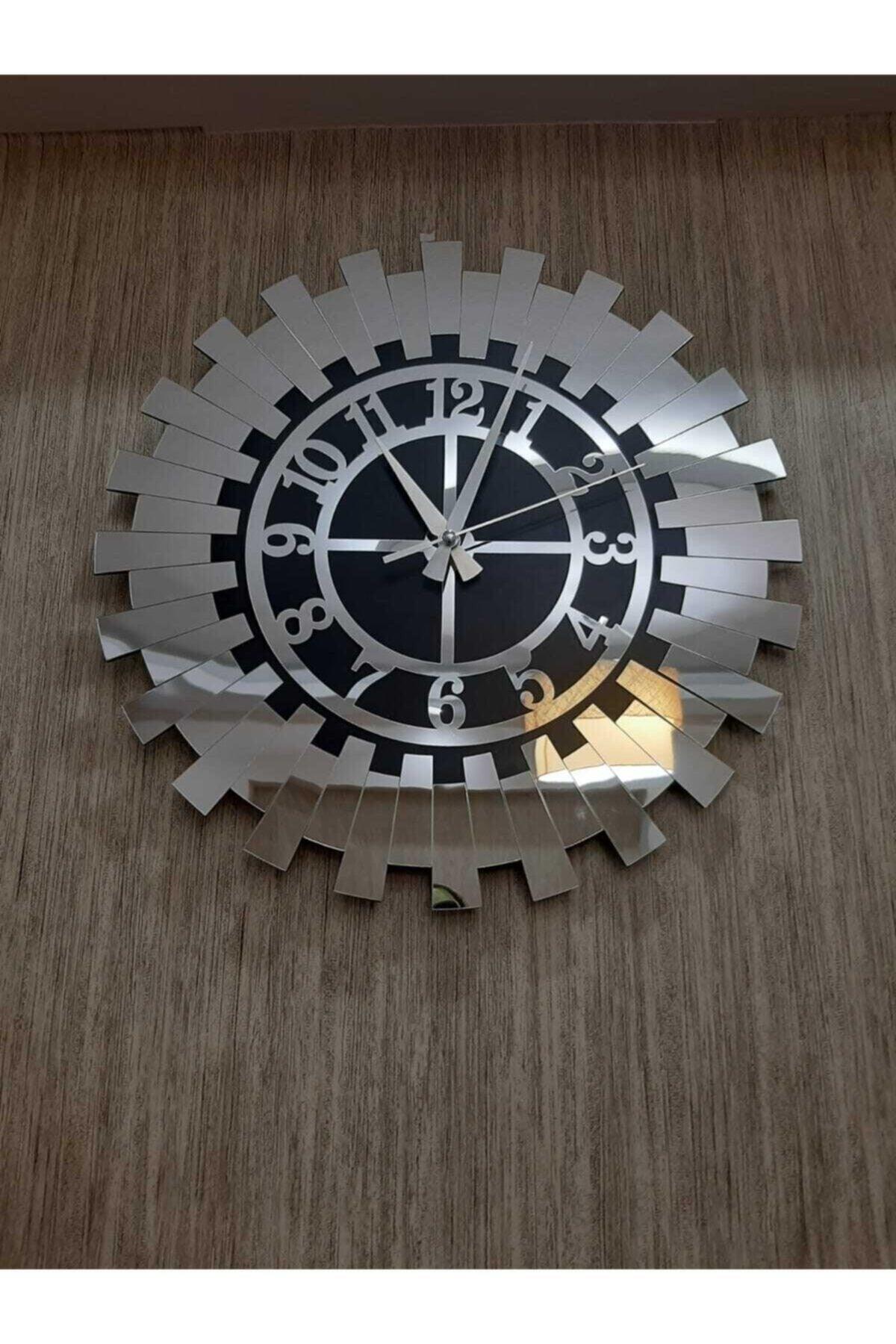 Modern Silver Sun Wall Clock Decorative Turkish Numeral Mdf Mirrored Plexi 40x40 Cm - Swordslife