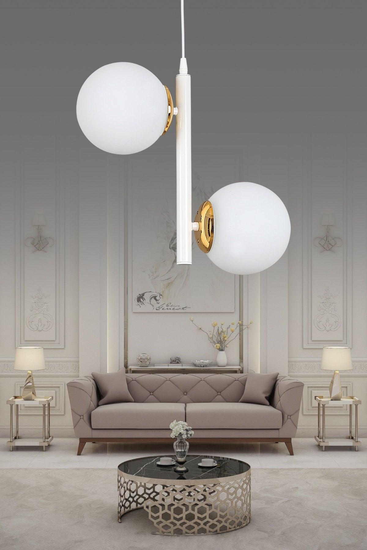 Modern White 2 Piece White Globe Glass Chandelier - Swordslife