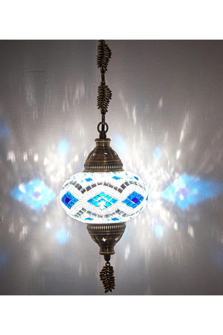 Mosaic Lamp Ottoman Authentic Colored Glass Handmade Boho Pendant Lamp, Blue White - Swordslife