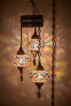 Mosaic Lamp Ottoman Authentic Colored Glass Handmade Boho Pendant Lamp Chandelier, 3 Large Glass, 95cm - Swordslife