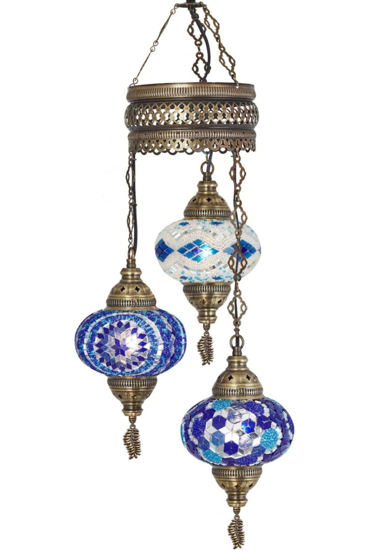Mosaic Lamp Ottoman Authentic Colored Glass Handmade Boho Pendant Lamp Chandelier, 3 Large Glass,95cm - Swordslife