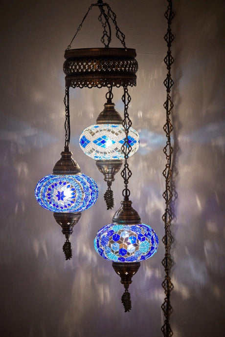 Mosaic Lamp Ottoman Authentic Colored Glass Handmade Boho Pendant Lamp Chandelier, 3 Large Glass,95cm - Swordslife