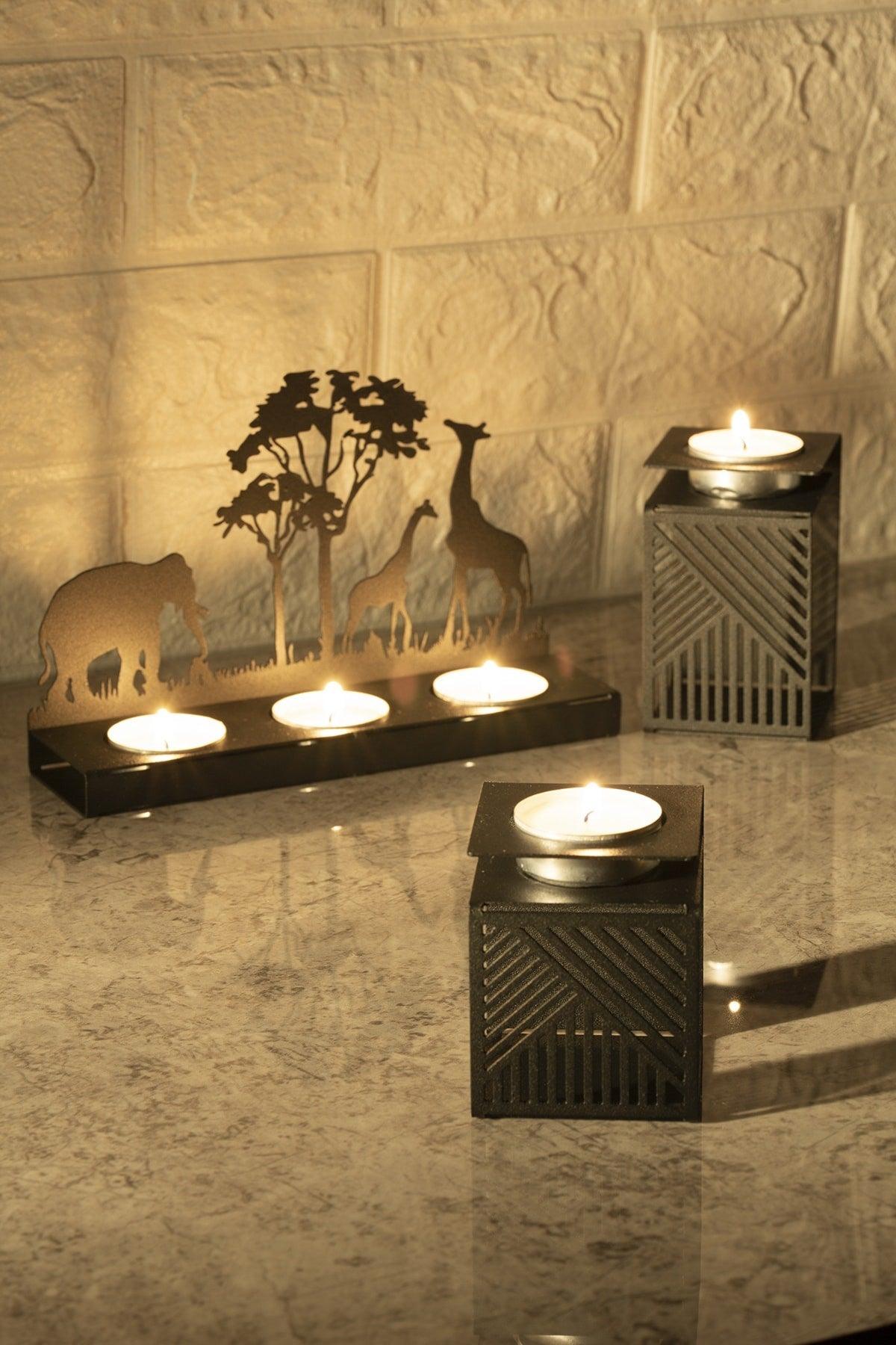 Candle Holder Safari Wrought Iron Pattern Decorative Lux 3-Set Cube Metal Candle Holder, Tealight Candles Included. - Swordslife