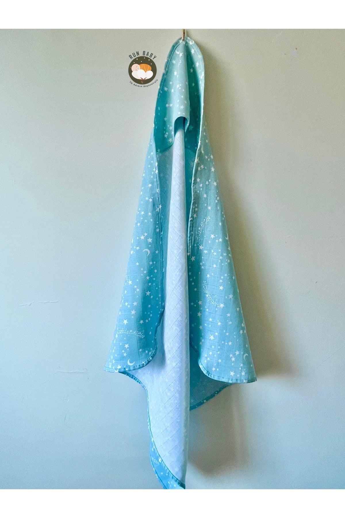 Muslin Baby Swaddle & Bathrobe Oeko-tex Certified 75x75cm Light Blue Star Pattern 100% Cotton - Swordslife