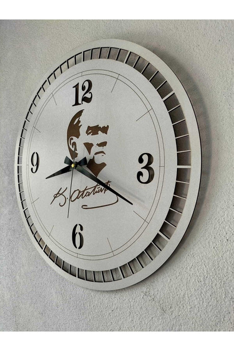 Mustafa Kemal Atatürk Silhouette Wall Clock White Mdf 40 Cm Modern Decorative Stylish - Swordslife