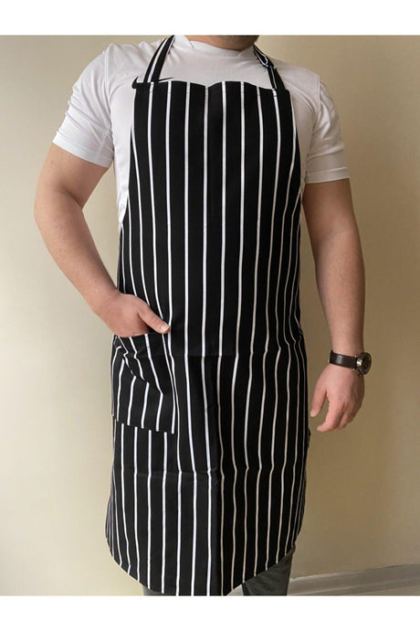 Kitchen Apron Waiter Cook Chef Work Full Length Apron With Pocket Unisex Black White Striped - Swordslife