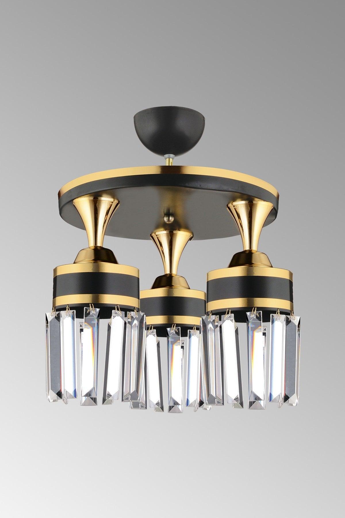 Nairobi 3-Set Black Plafonyer Crystal Stone Yellow Striped Cylinder Downward Facing Luxury Chandelier - Swordslife