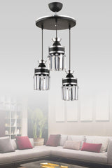 Nairobi 3-Piece Black Pendant Lamp Crystal Stone Chrome Band Cylinder Downward Facing Luxury Chandelier - Swordslife