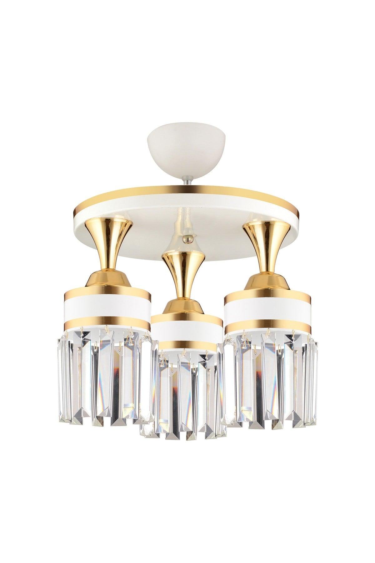 Nairobi 3-Set White Plafonyer Crystal Stone Yellow Striped Cylinder Downward Facing Luxury Chandelier - Swordslife