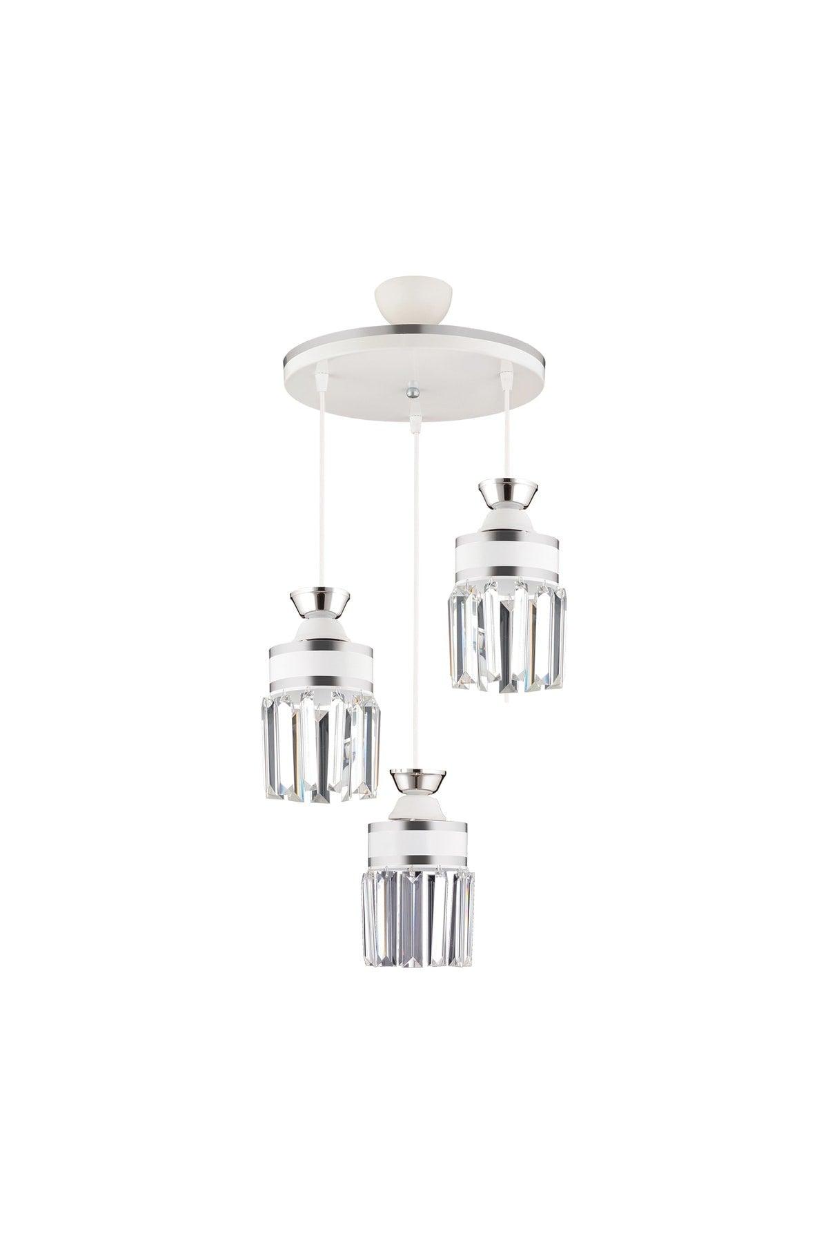 Nairobi 3-Piece White Pendant Crystal Stone Chrome Strip Cylinder Downward Facing Luxury Chandelier - Swordslife