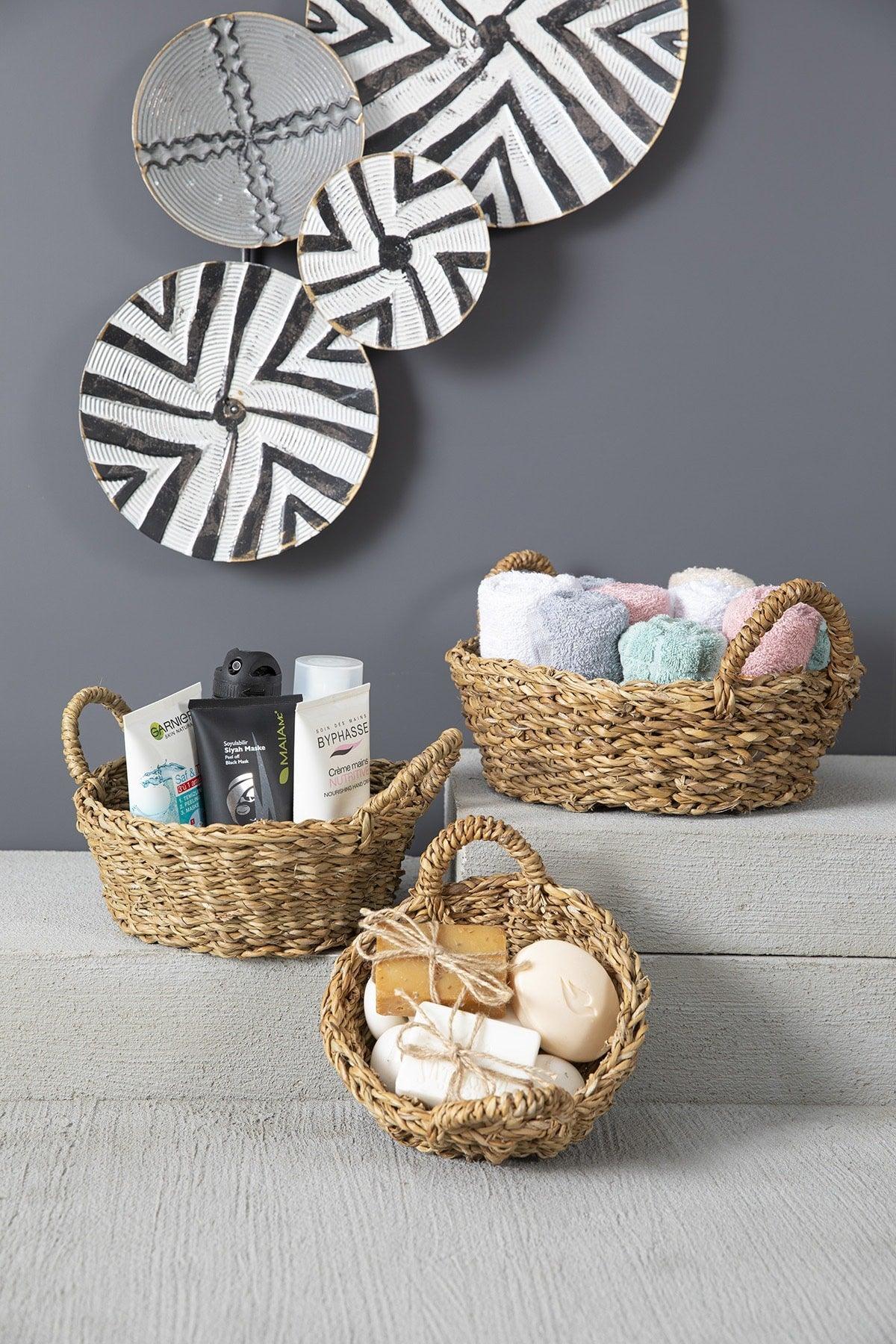 Natural Handled Round Wicker Basket Lux Organizer 3 Sizes Bathroom And Home Decor - Swordslife