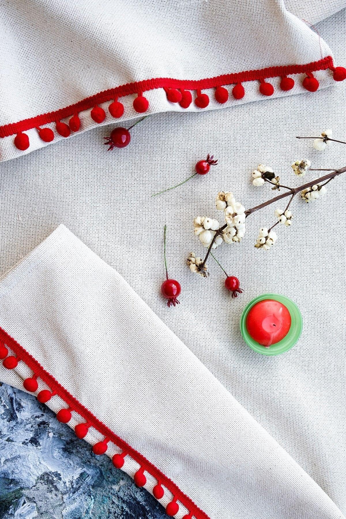 Natural Linen Red Pompom Runner - Swordslife