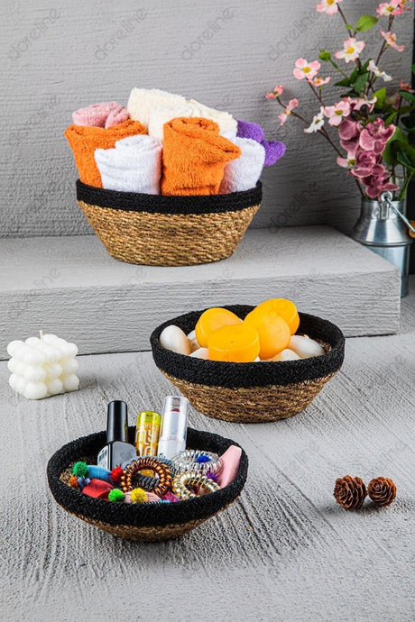 Natural Oval Black Striped Wicker Basket Lux