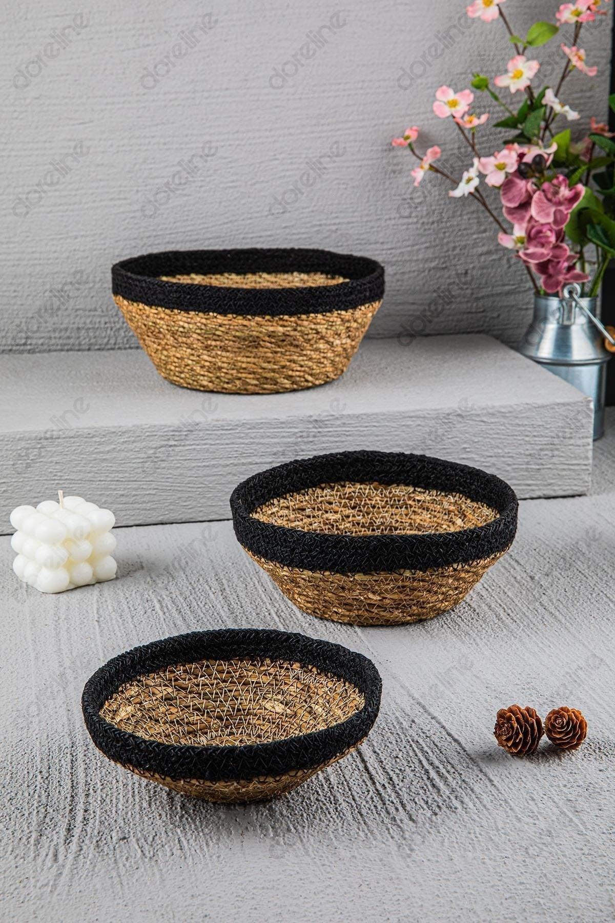 Natural Oval Black Striped Wicker Basket Lux