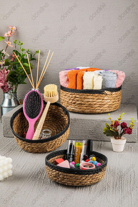 Natural Round Black Striped Wicker Basket Luxury Organizer 3 Sizes Bathroom And Home Decor - Swordslife