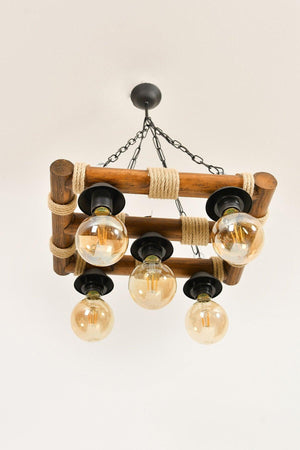 Natural Wood Handcrafted 5 Pcs Living Room Chandelier With Rope - Swordslife