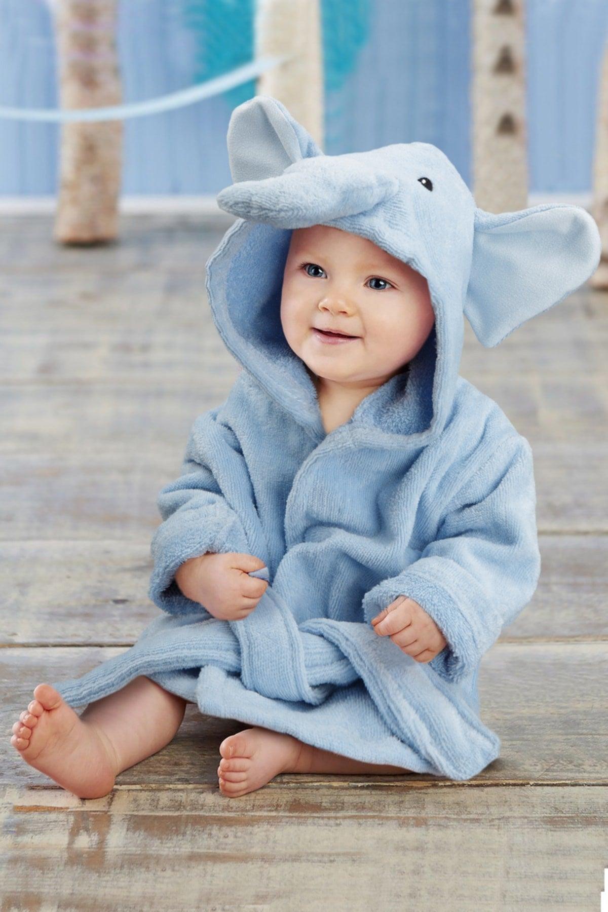 Newborn Baby Bathrobe, Blue with Elephant Animal, 100% Cotton, 0-9 Months, Newborn Baby Gift - Swordslife