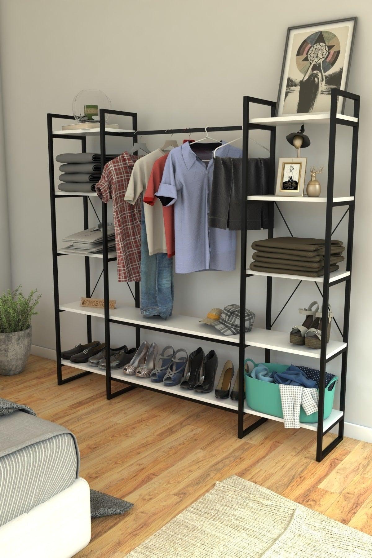 Nilamu Wardrobe, Metal Hardware, White, Open Wardrobe, Organizer, Hanger - Swordslife