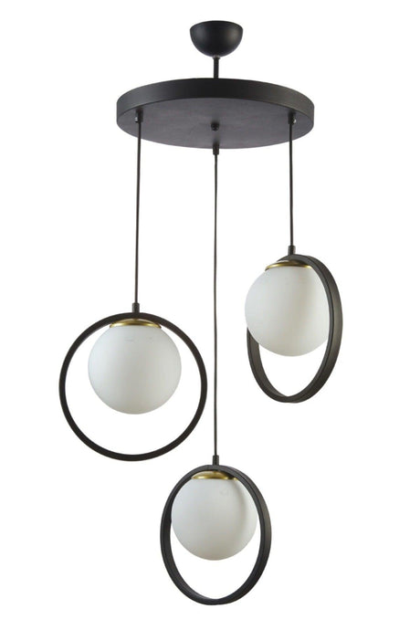 Nina Modern Metal Black Color Ringed Off White Glass 3 Piece Chandelier - Swordslife