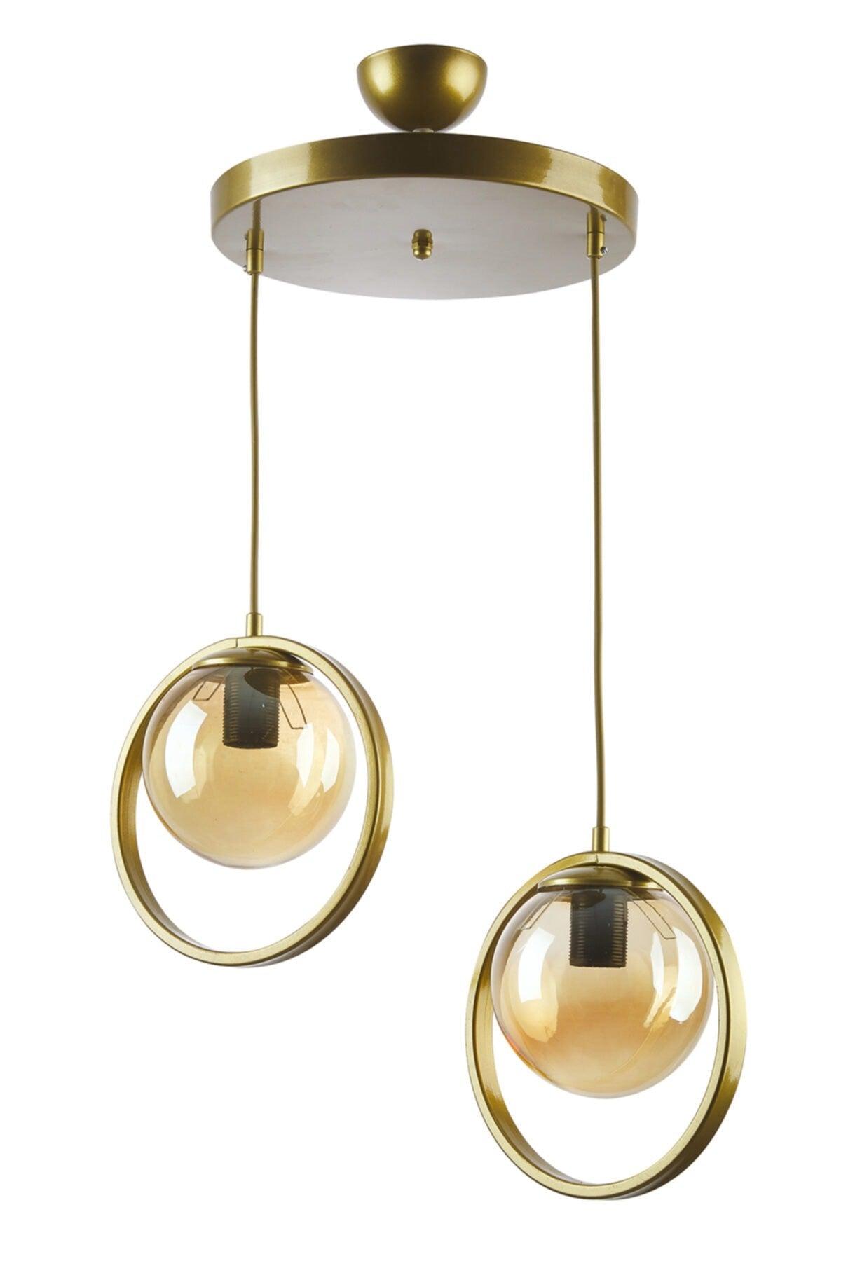 Nina Modern Metal Gold Farbe Halkalı Indoor Honey Glass Sarkıt Salon - Küche - Schlafzimmer 2 Li Kronleuchter - Swordslife