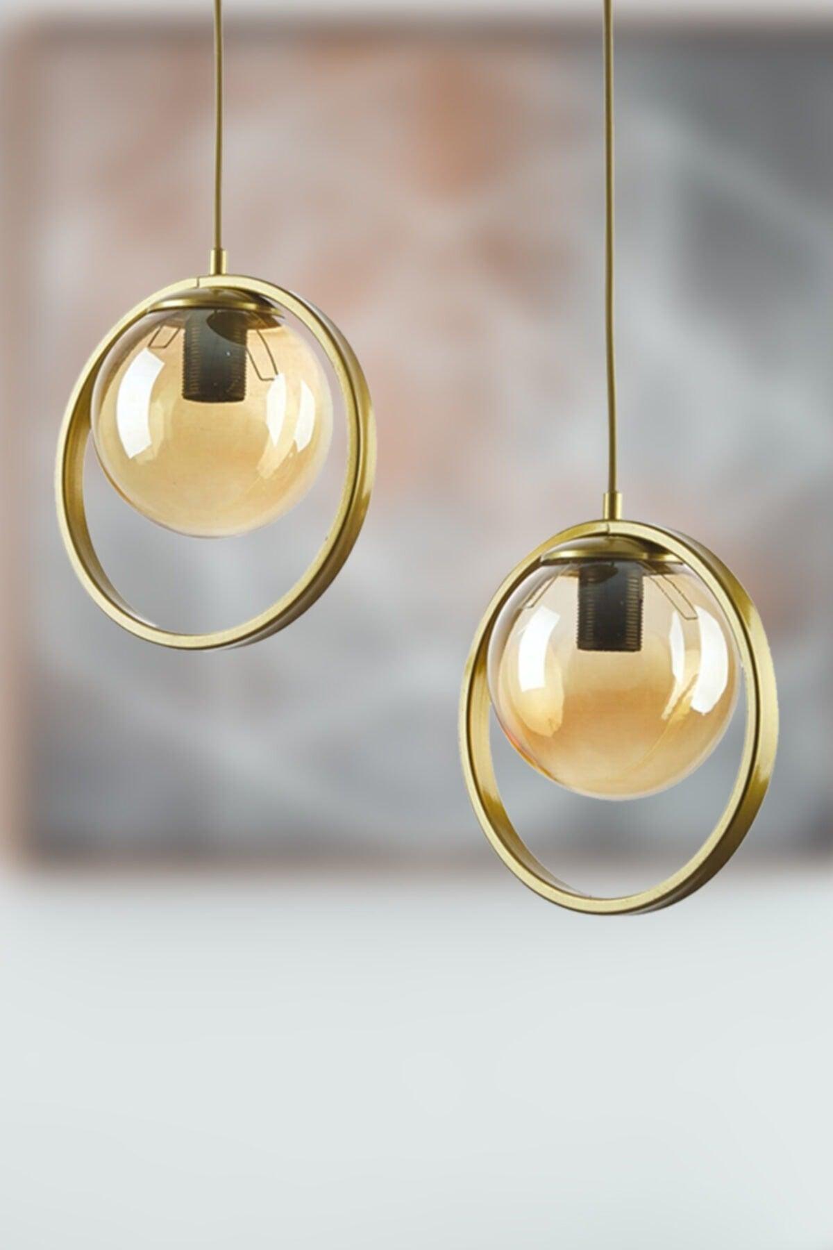 Nina Modern Metal Gold Farbe Halkalı Indoor Honey Glass Sarkıt Salon - Küche - Schlafzimmer 2 Li Kronleuchter - Swordslife