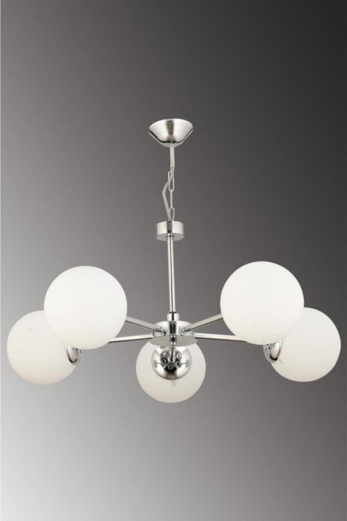 Nisa 5 Silver White Globe Glass Chandelier - Swordslife