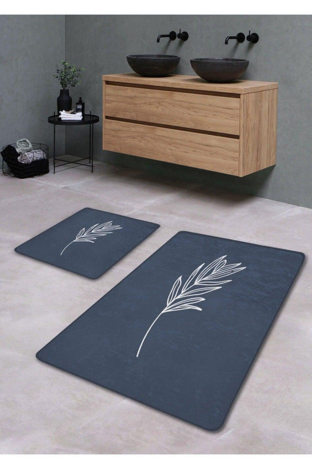 Non-Slip Base Washable Double Bath Mat - Blue Pastel Leaf Pattern 60*100 Cm - 50*60 Cm - Swordslife