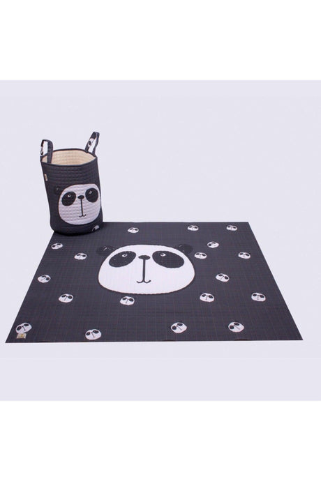 Organic Cotton Baby Toy Basket And Play Mat Set - Anthracite Color Panda Themed - Swordslife