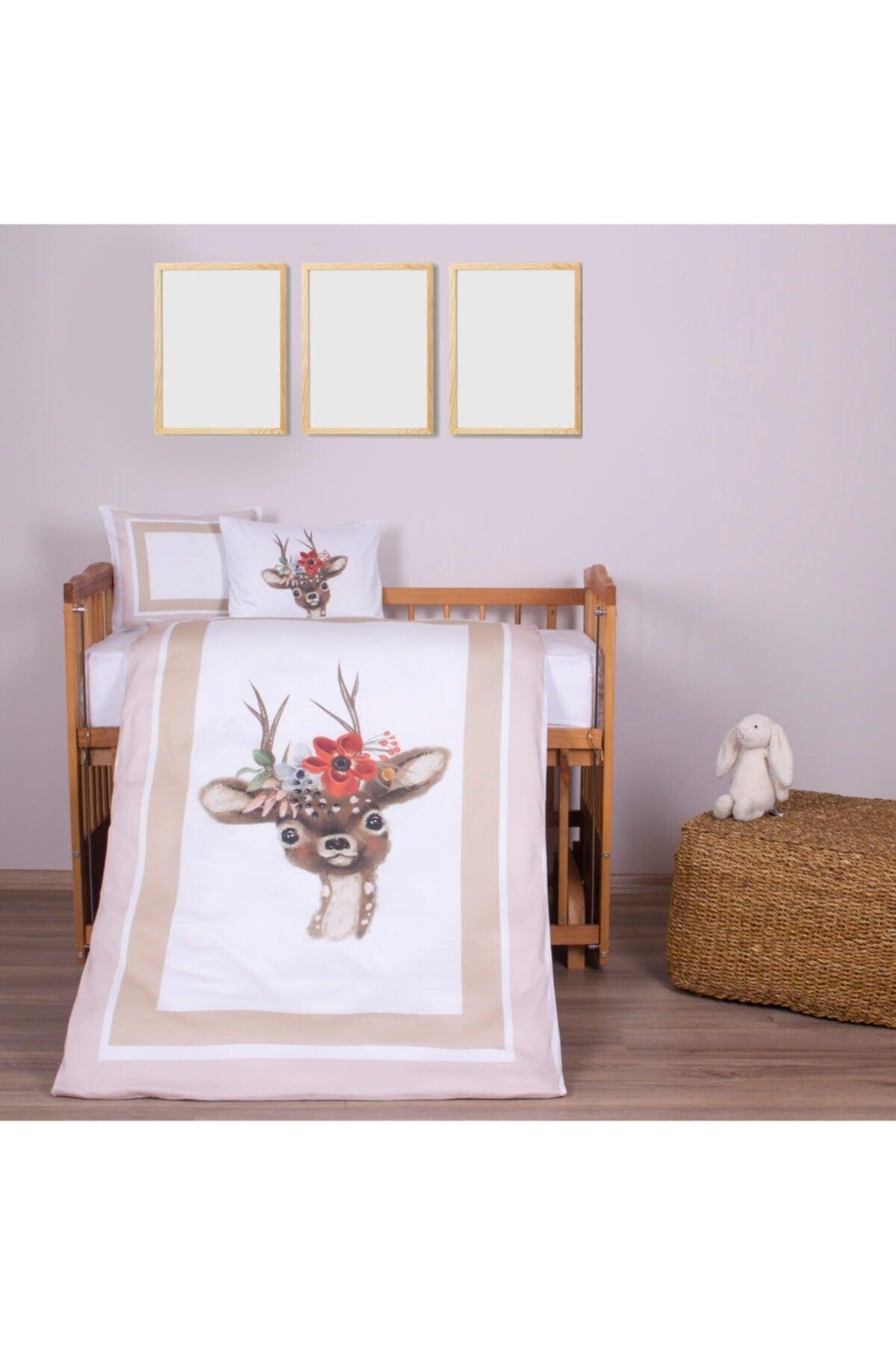 Organic Printed Cotton Satin Baby Duvet Cover Set - Deer And Flower Themed - Swordslife