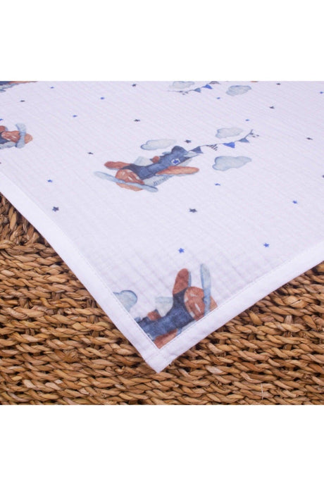 Organic Cotton 4-Ply Patterned Muslin Baby Blanket - Airplane And Star Themed - Swordslife