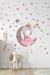 Medium Size Cute Girl Sitting On The Moon Kids Room Wall Sticker Set - Swordslife