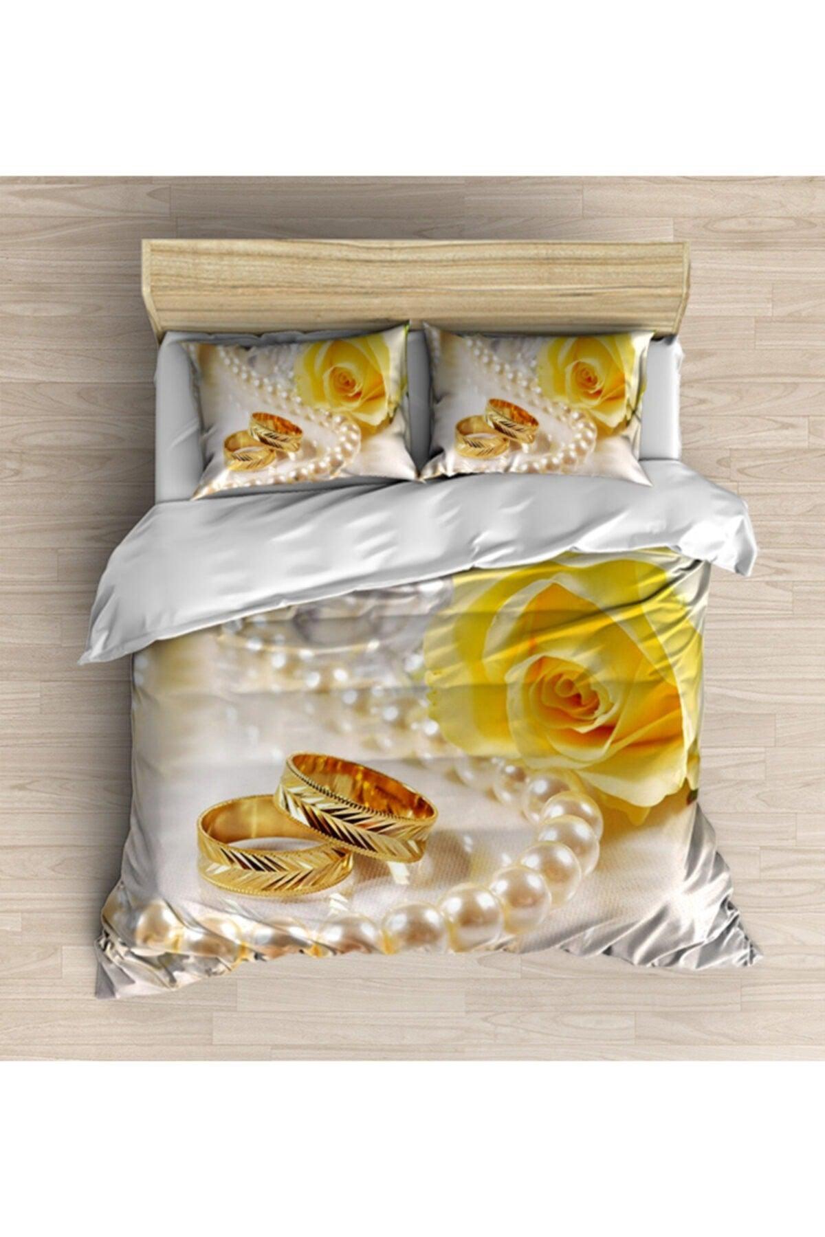 Osso Pearls Yellow Roses Rings 3d Patterned Double Duvet Cover Set - Swordslife