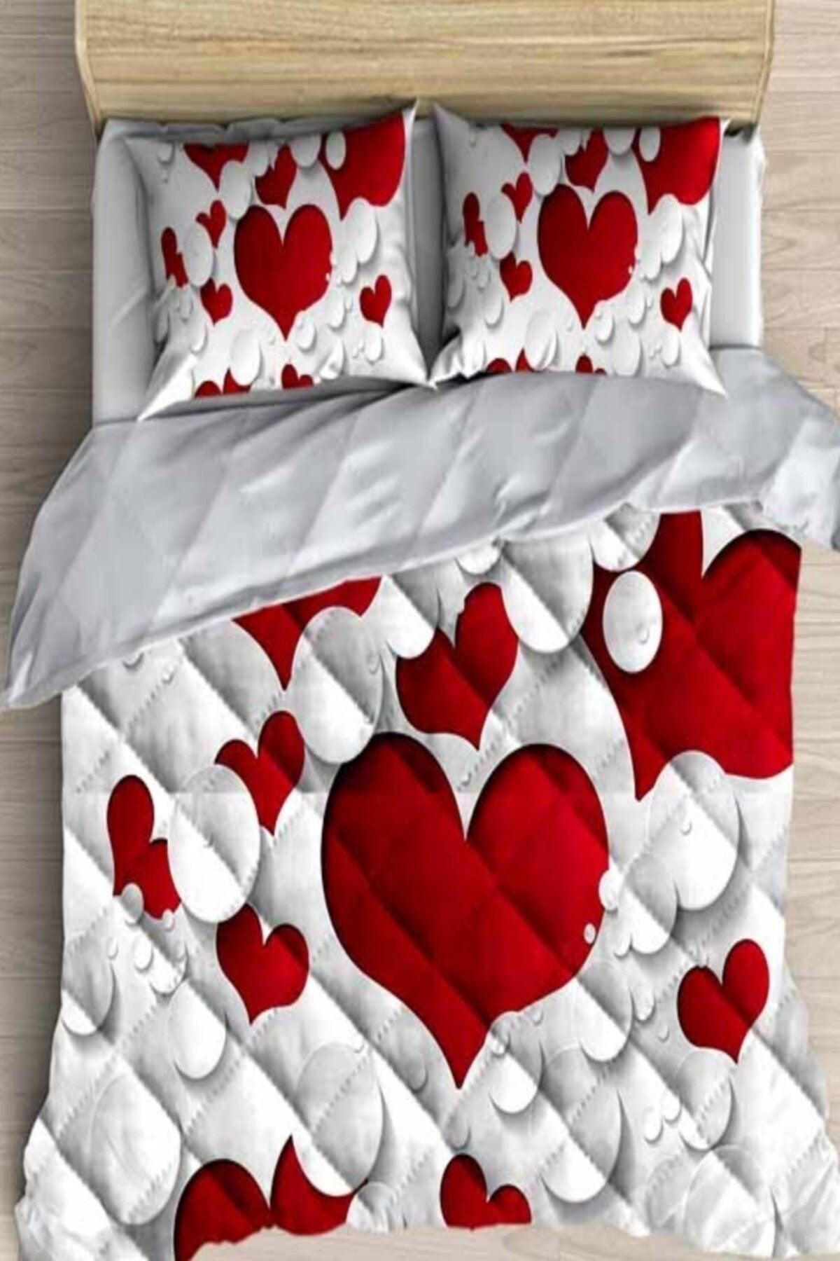 Osso Red White Hearts Love 3d Patterned Double Microfiber Duvet Sleeping Set - Swordslife