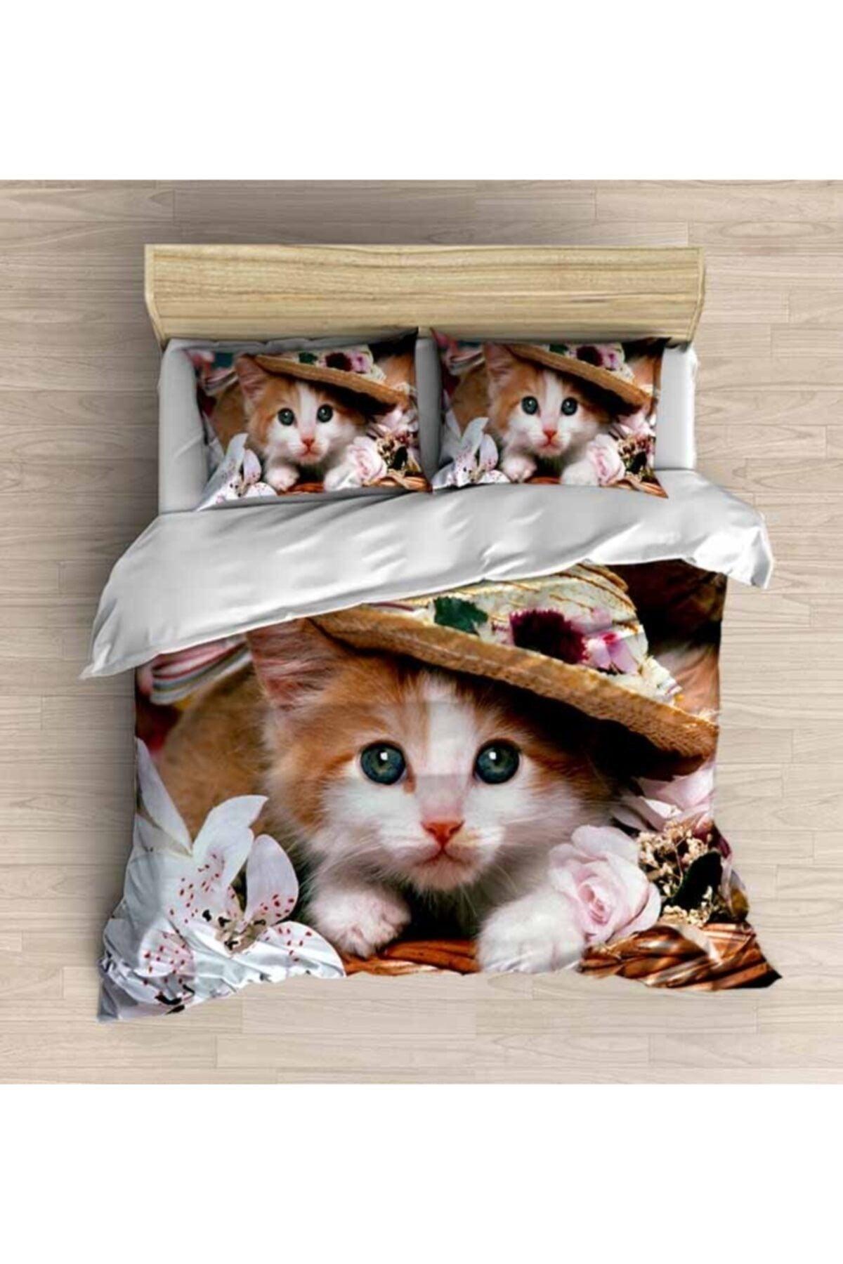 Osso Cute Hat and Cat Patterned Modern Double Duvet Cover Set - Swordslife